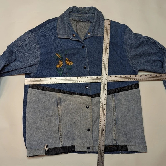Vintage Patchwork Denim Jean Colour  Block Jacket Embroidered Daisy Woman L - Picture 3 of 10